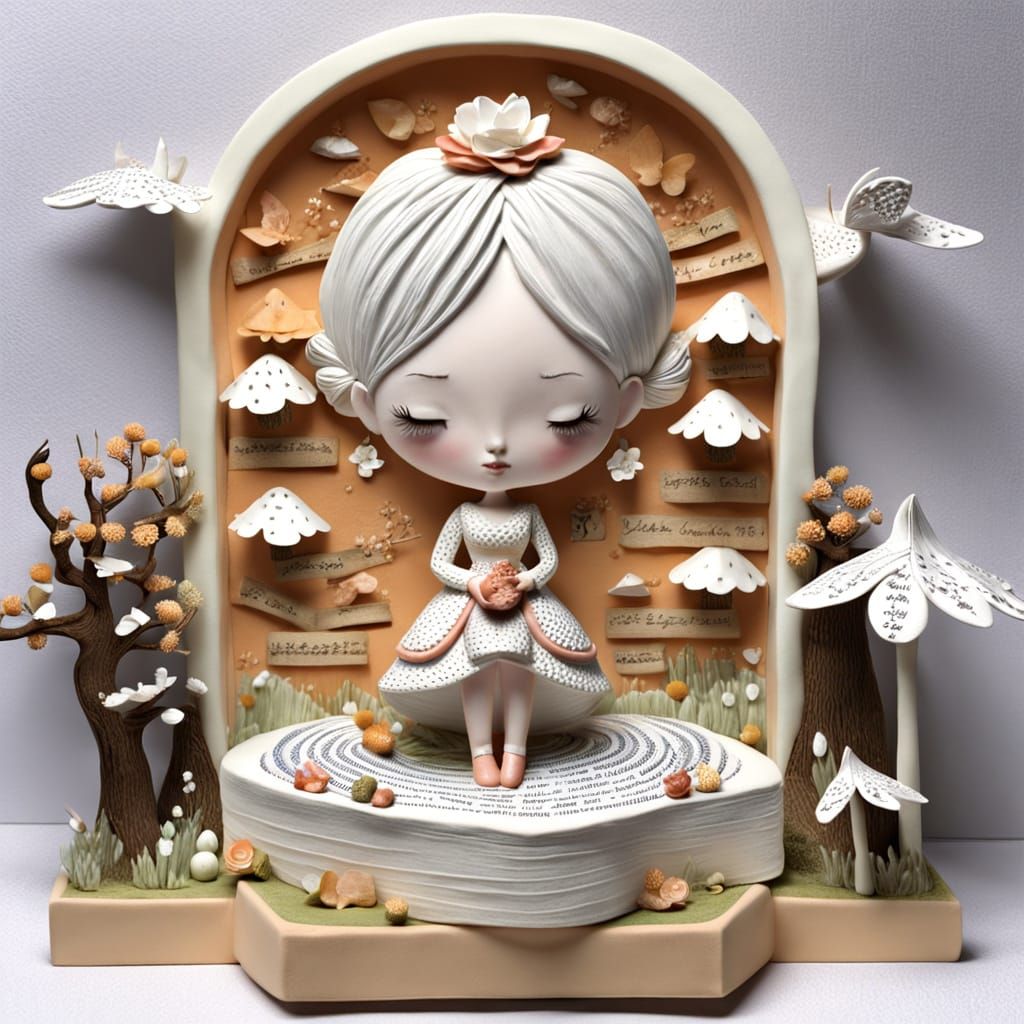 Whimsical Paper Craft Diorama of a Lady in Delicate Poetry S...