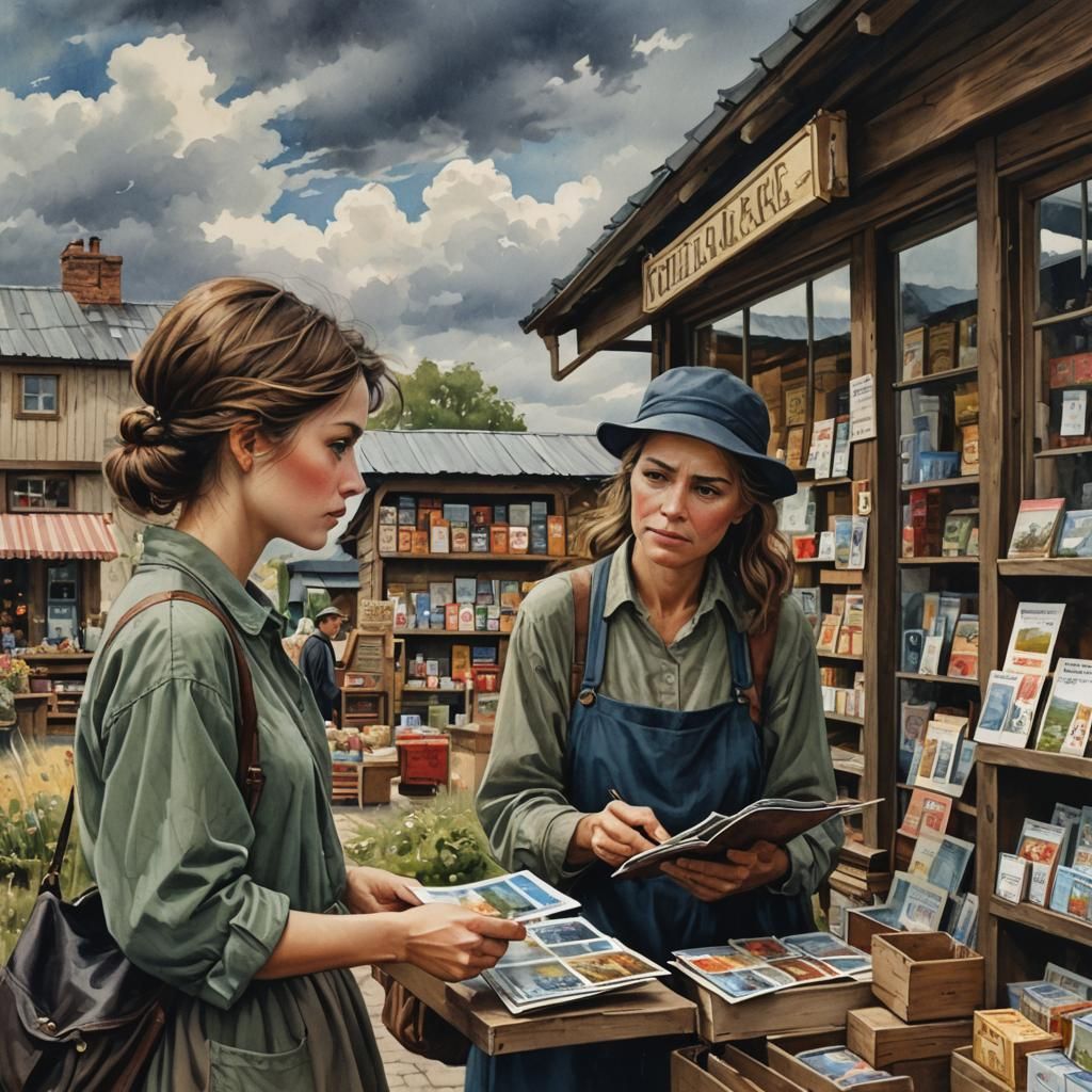 Charming Couple Selecting Postcards in Watercolor Style