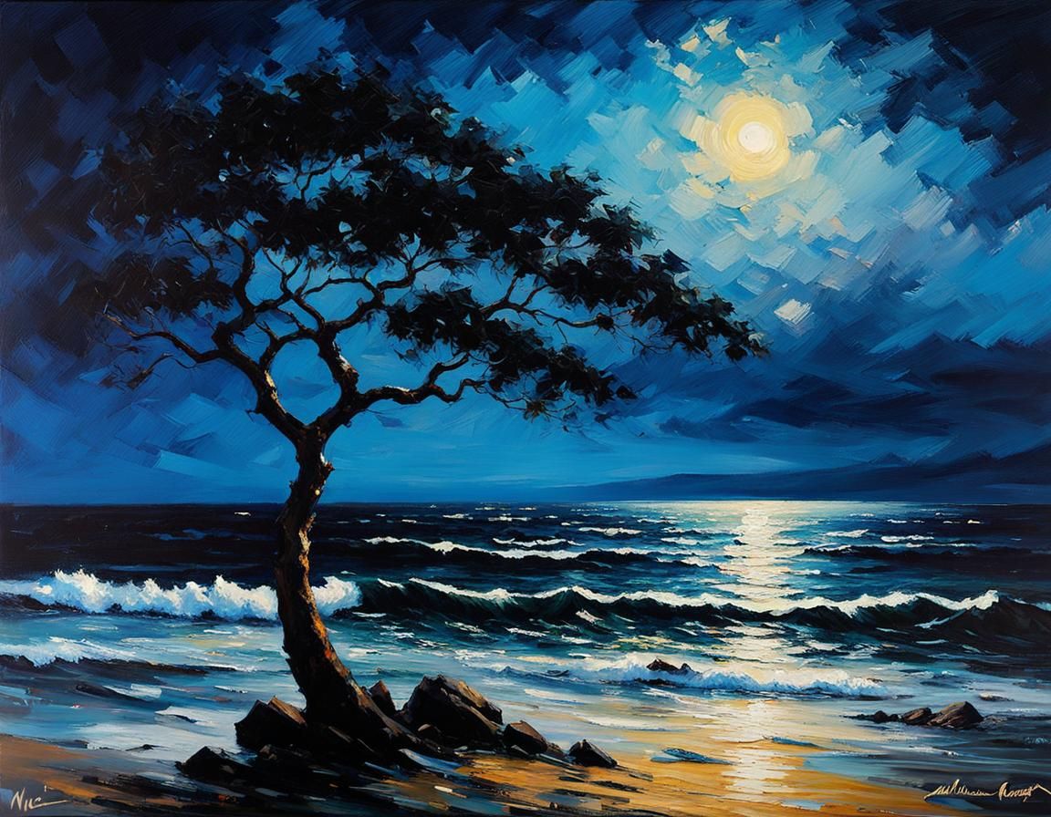 Impressionistic Ocean at Night in Oil