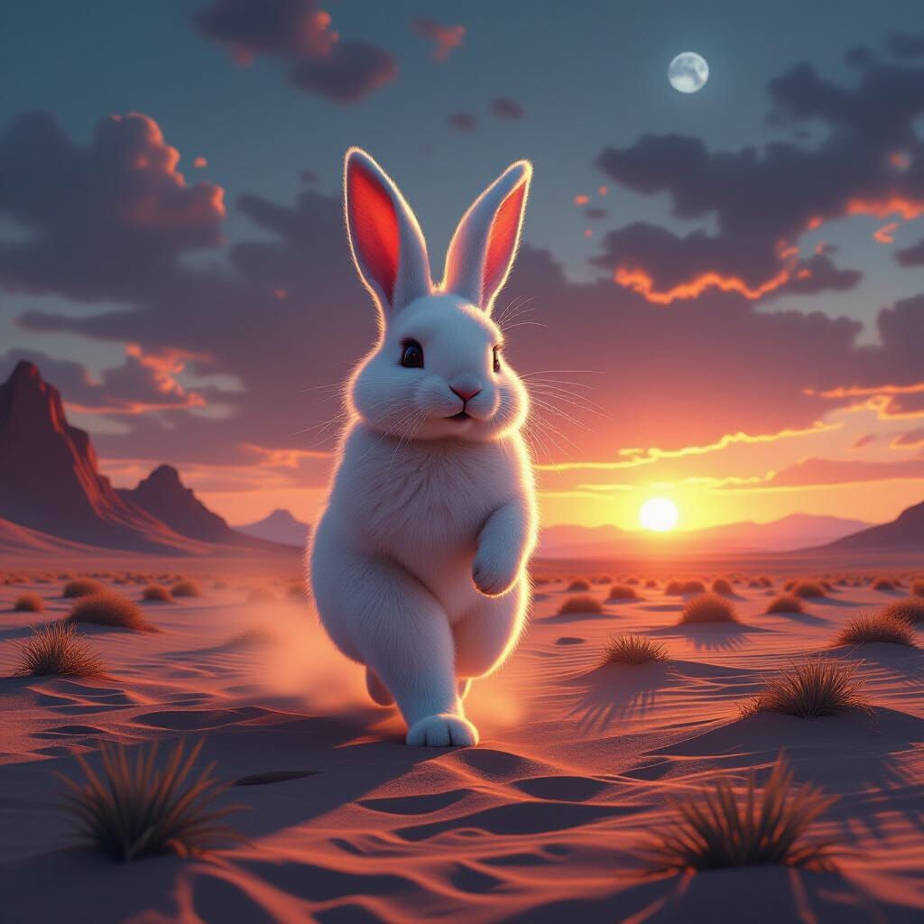 Giant Bunny on Alien Desert Under Binary Sunset