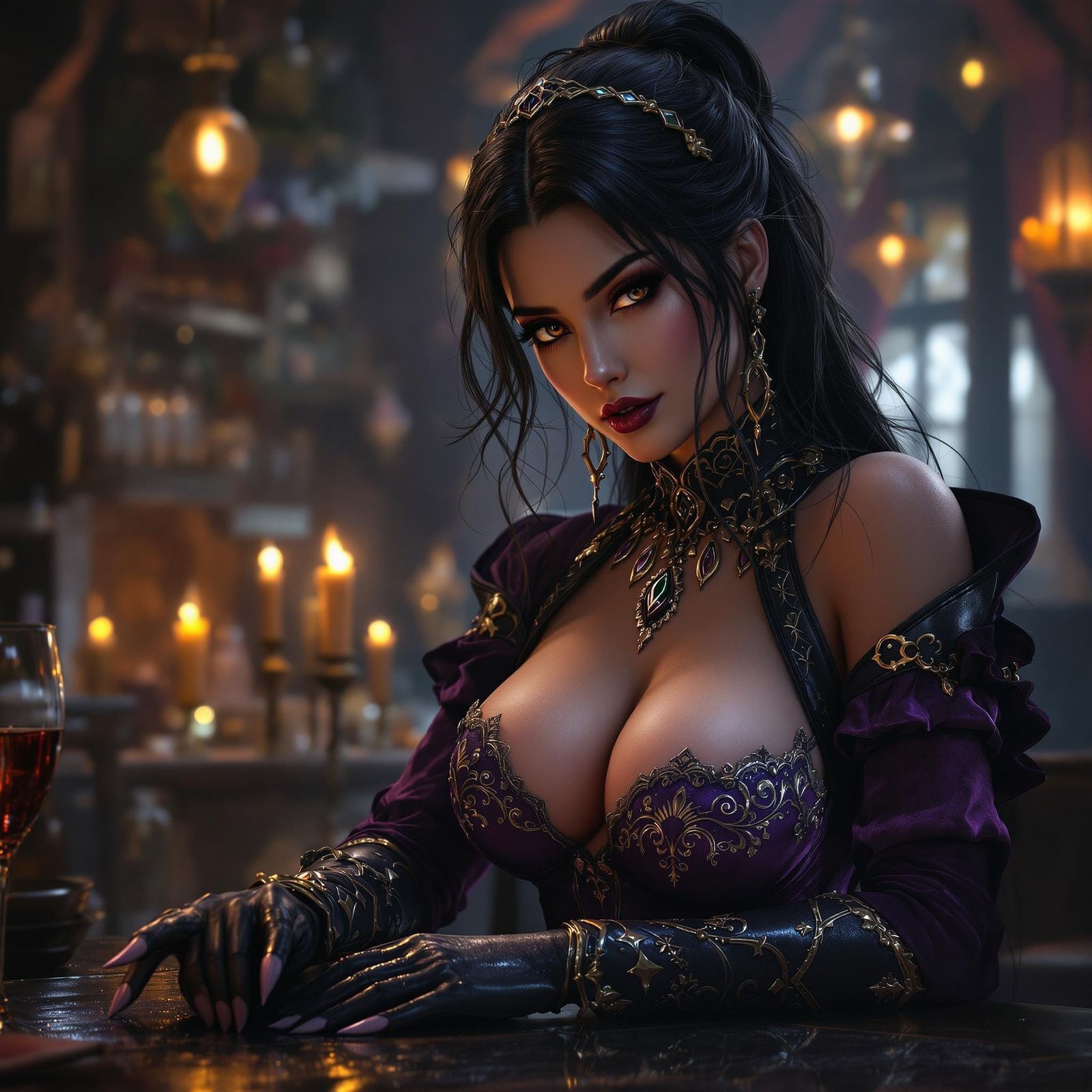 Dark Fantasy Tavern Barmaid in Opulent Velvet and Leather At...