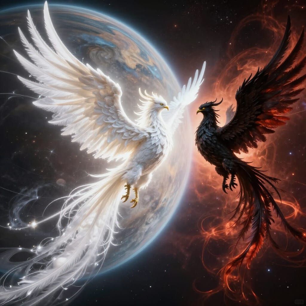Cosmic Balance: Roman Planet Between White and Black Phoenix