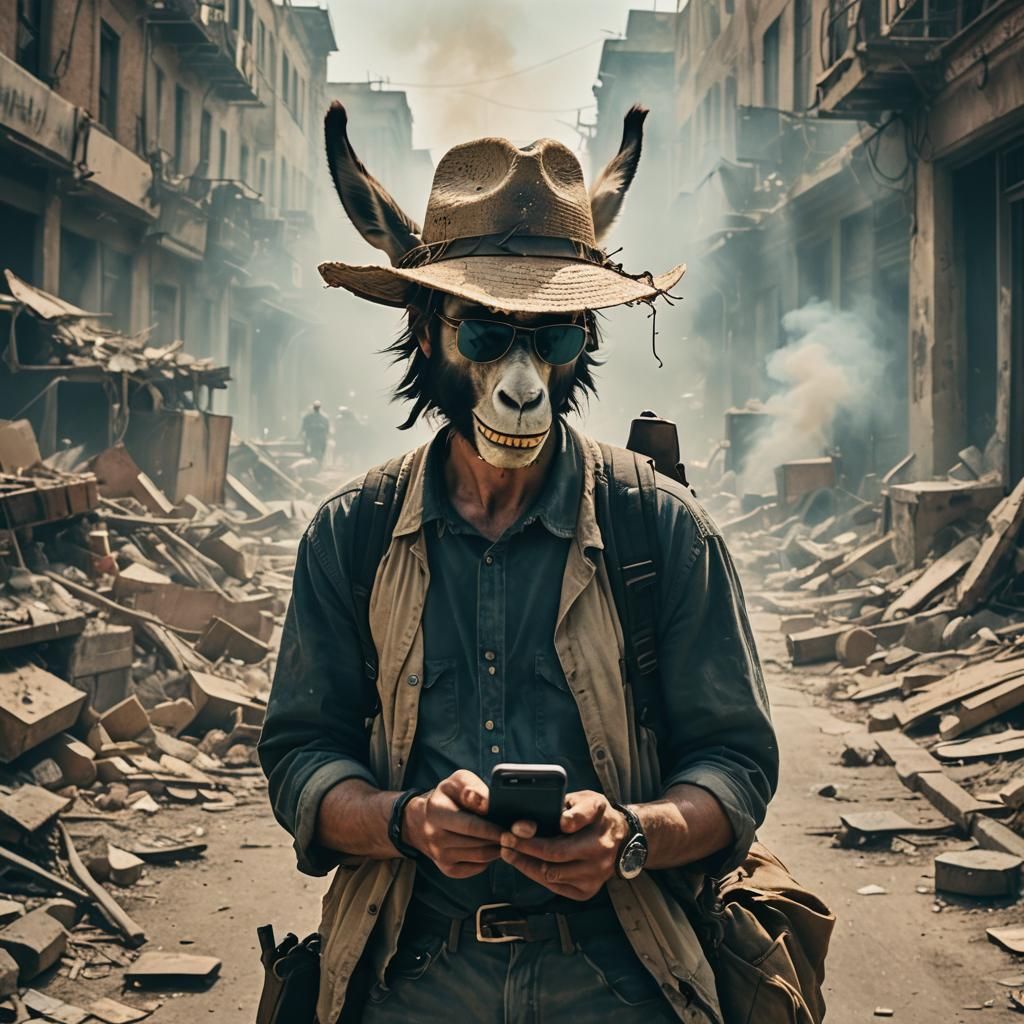 Half-Donkey Man in War-Torn City, Cinematic Still