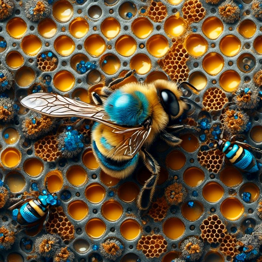 Hyperrealistic 3D Honeycomb Hive with Bees