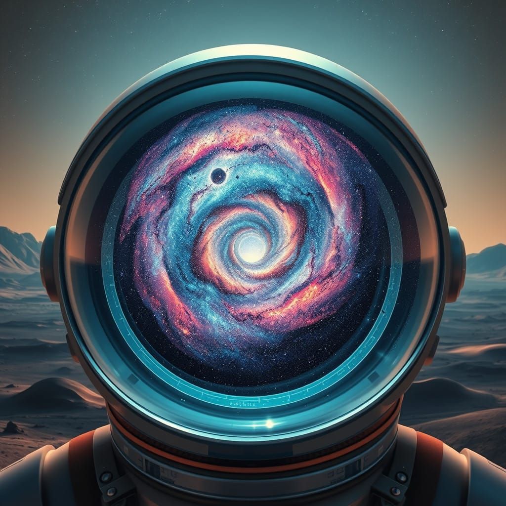Astronaut's Helmet Reflects the Milky Way's Cosmic Vortex