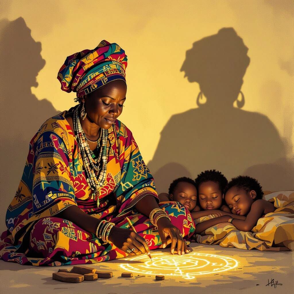 African Woman Drawing Runes with Sleeping Twins