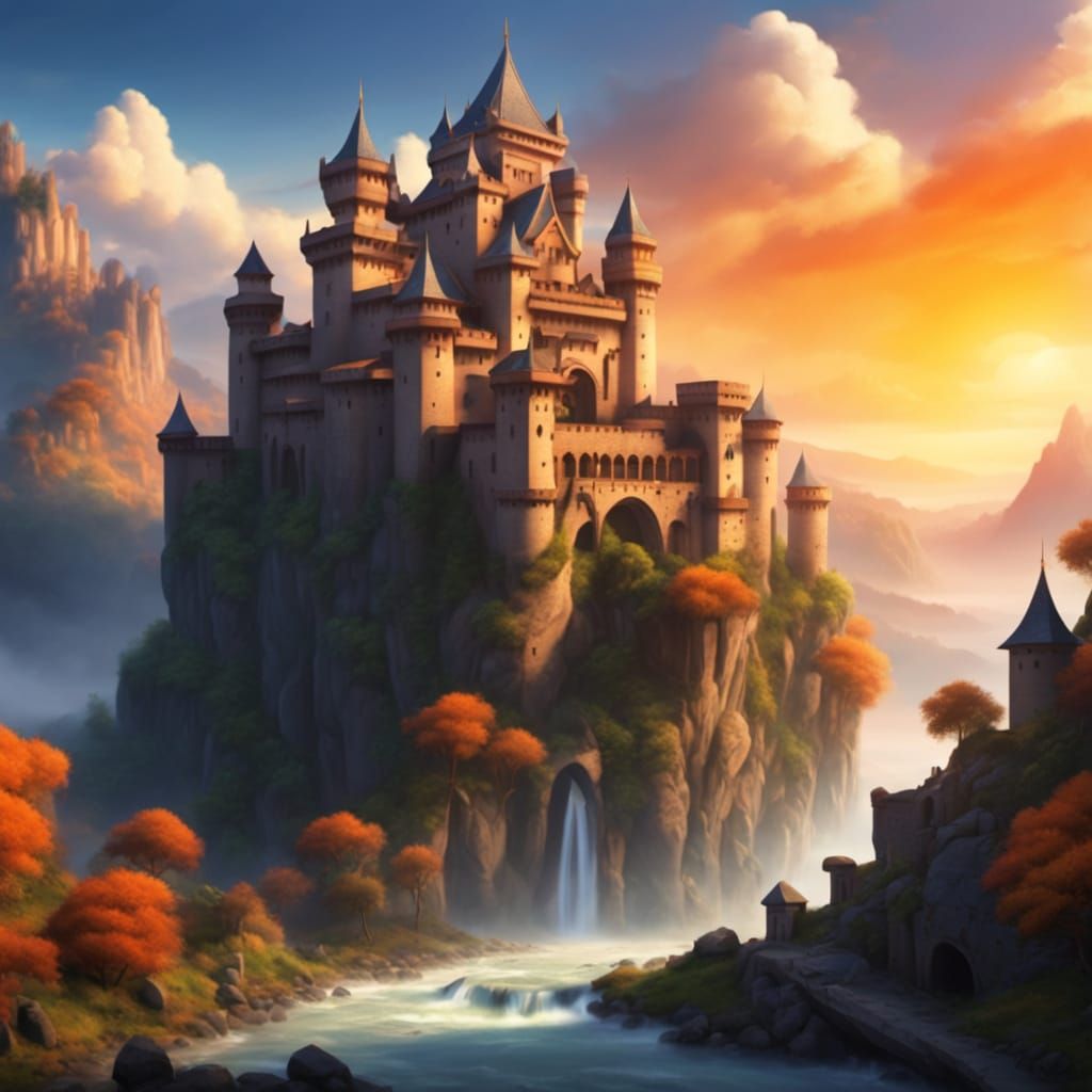 Mountain Castle at Sunset: Digital Matte Painting