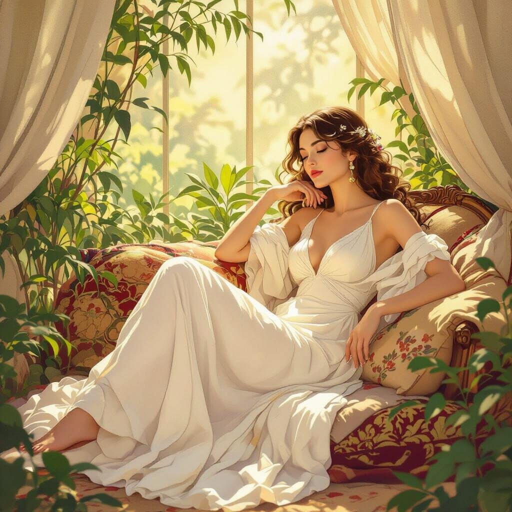 Woman in White Dress, Art Nouveau Style