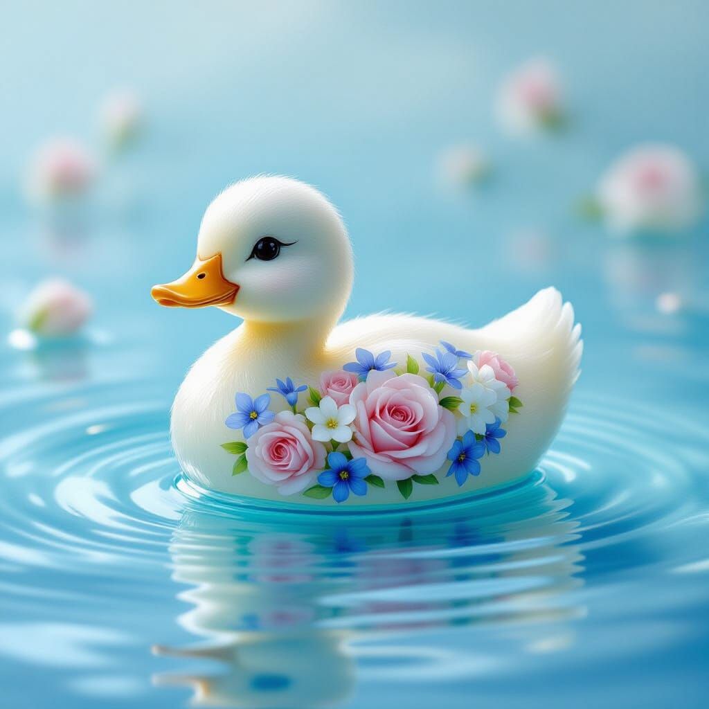 Glass Duckling with Flowers in Ethereal Mist