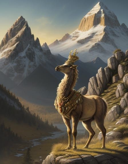 King Guanaco on Rocky Outcrop in Golden Hour Light