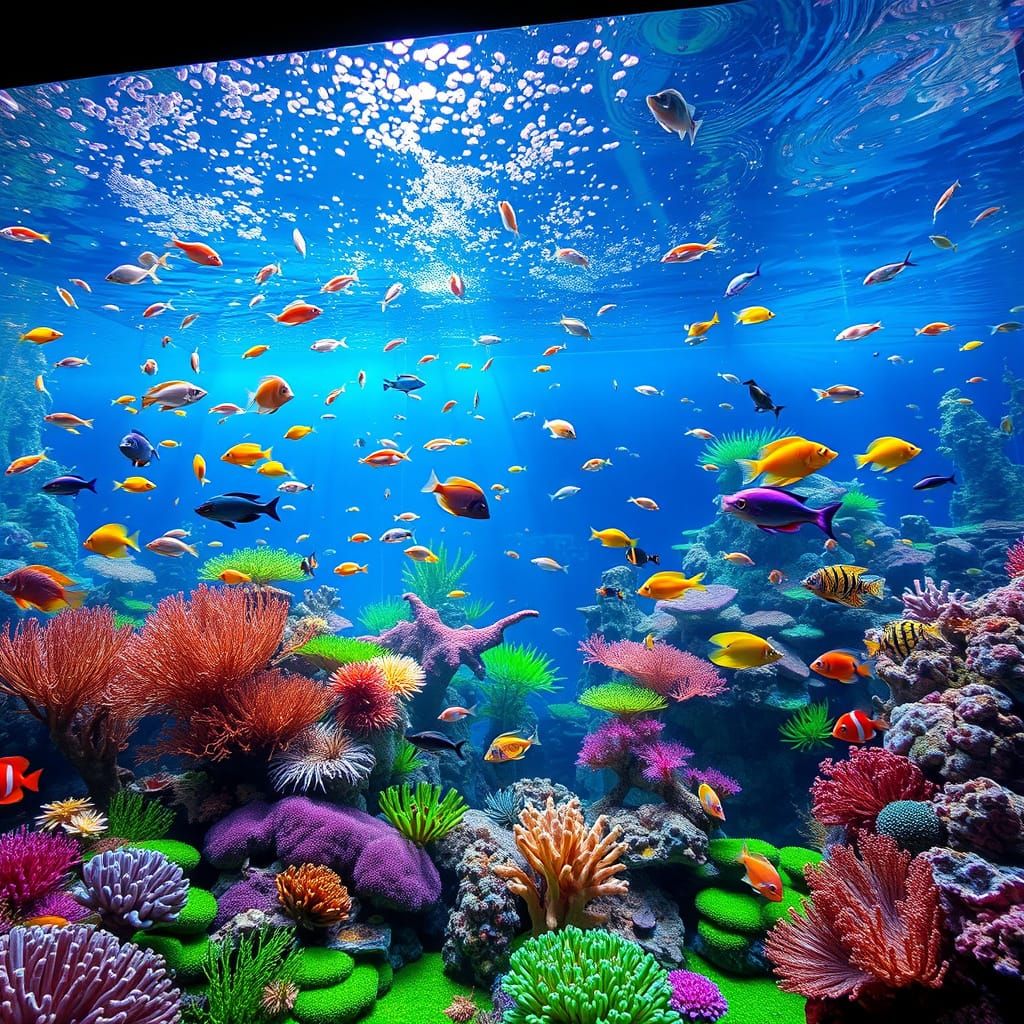 Vibrant Aquarium Scene in Whimsical Artistic Style