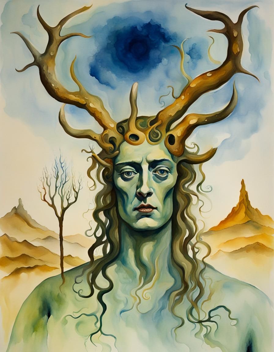 Cernunnos at Imbolc: Surreal Watercolor Painting
