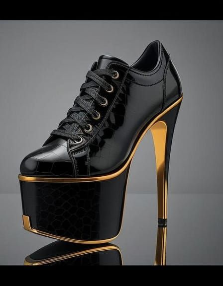 Shiny Black Stiletto Heel Sneaker with Gold Accents