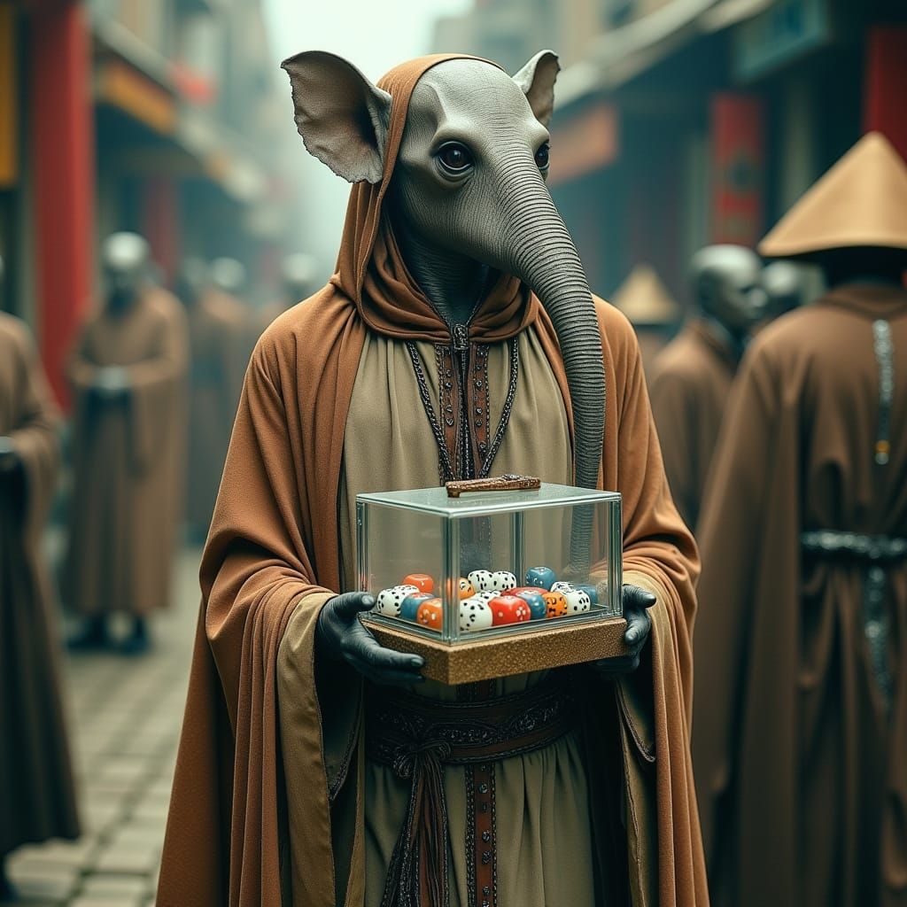 Monk with Elephant Snout in Surreal Marketplace