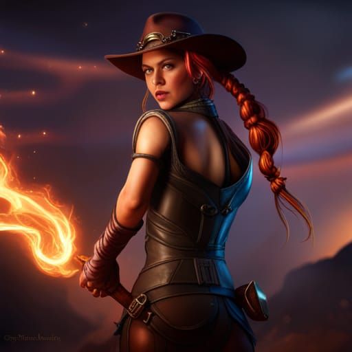 Cowgirl Sorceress Casting Magic in Dark Fantasy Style