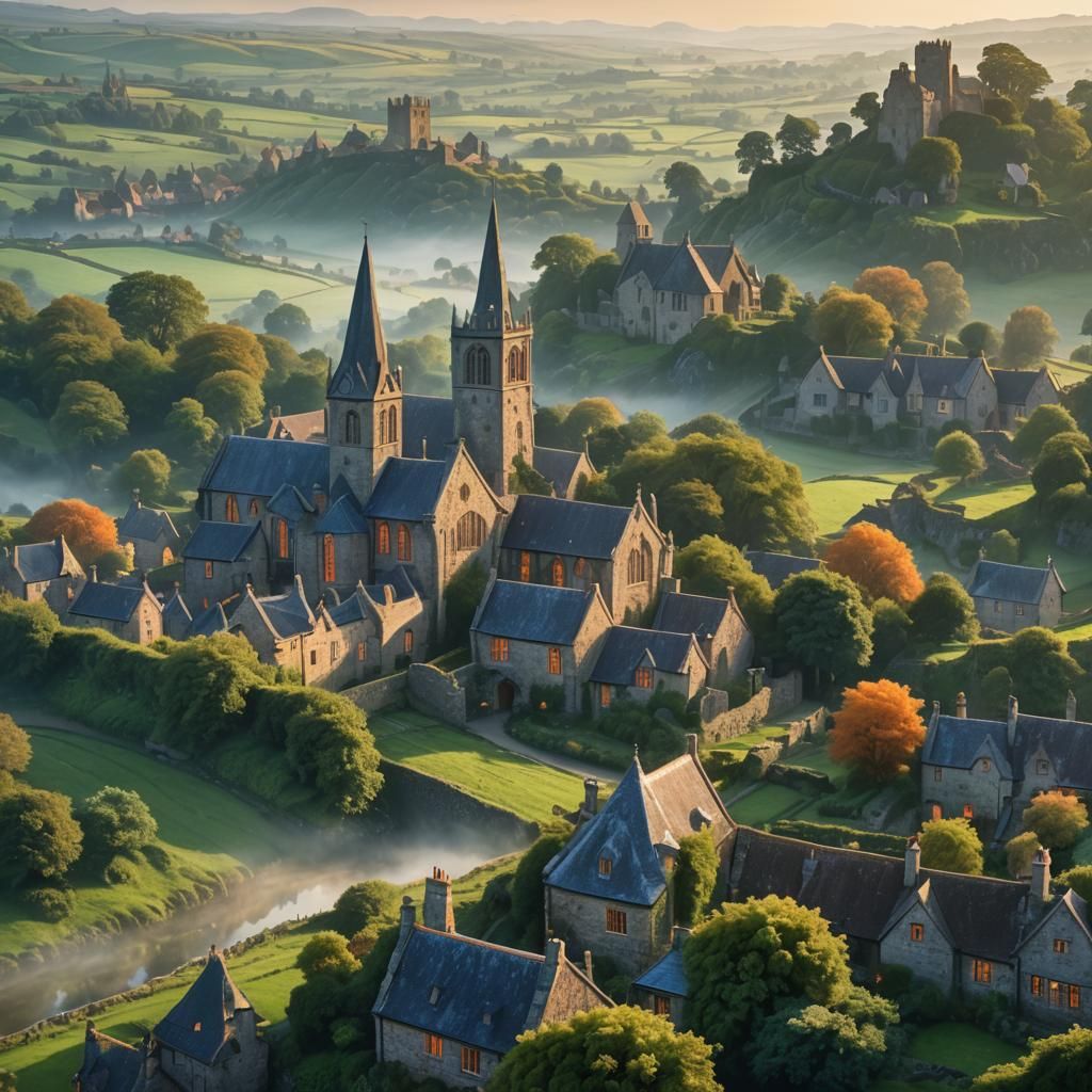 English Village at Misty Dawn: Fantasy Matte Painting