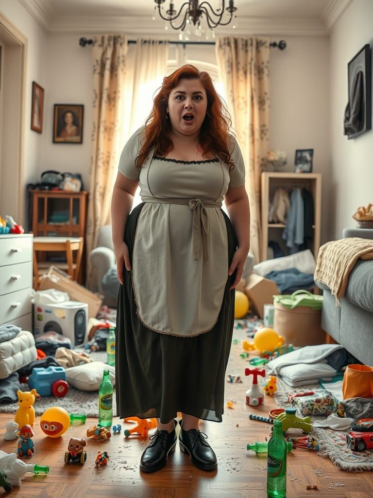 Curvy Middle Eastern Woman Surprised in a Messy Living Room