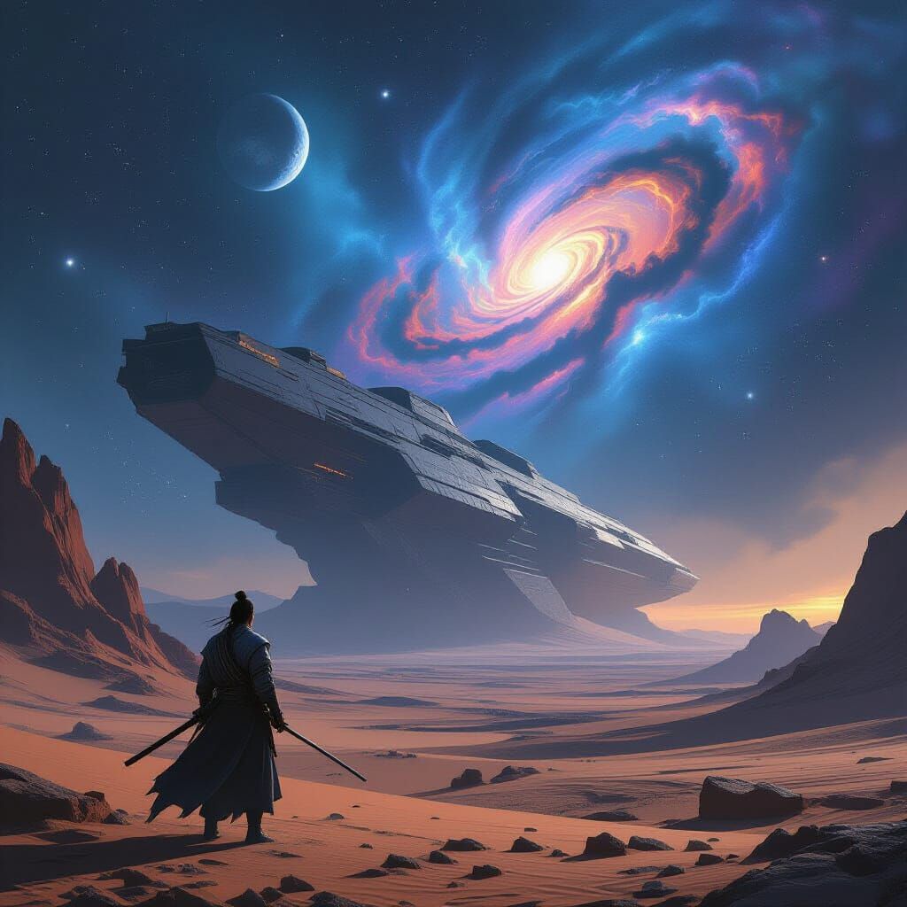 Samurai on Alien Planet Gazing at Cosmic Nebula