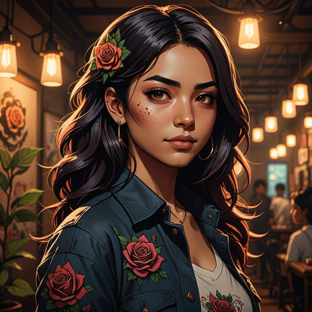 Confident Mexican Beauty with Vibrant Rose Tattoo Shirt