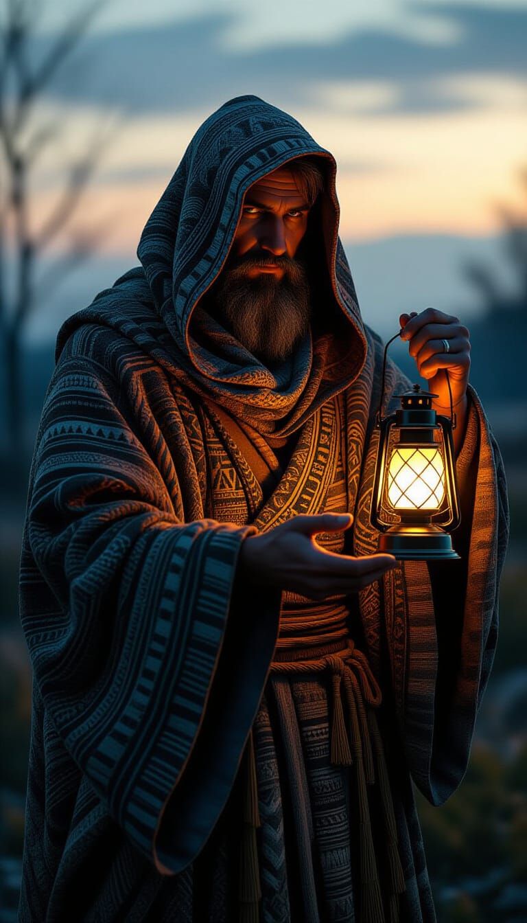 Hyperrealistic Ancient Man with Lantern at Evening