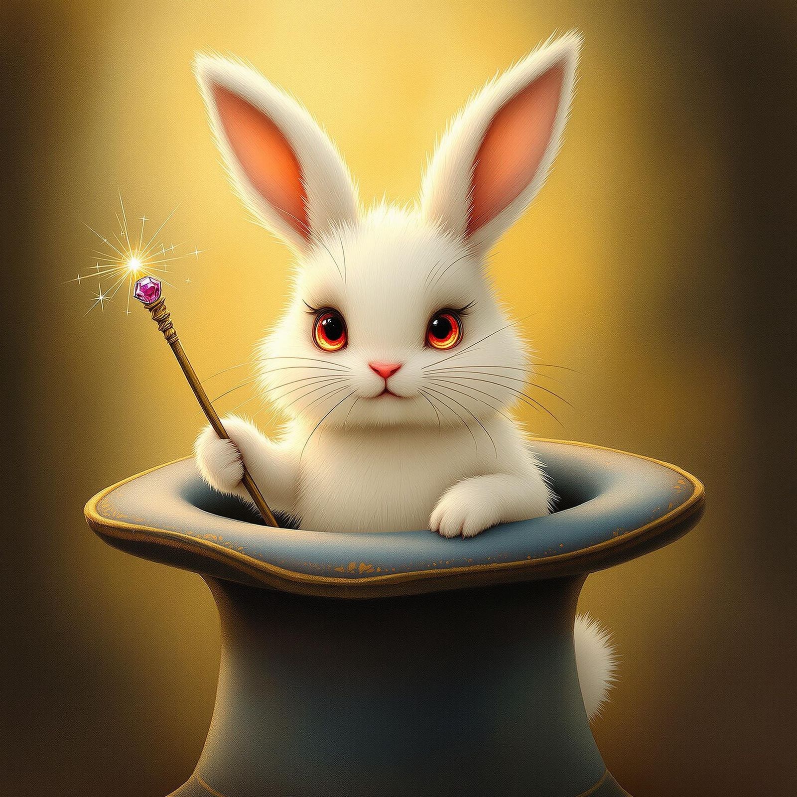 Magical Bunny Emerges from Velvet Hat with Wand in Mouth