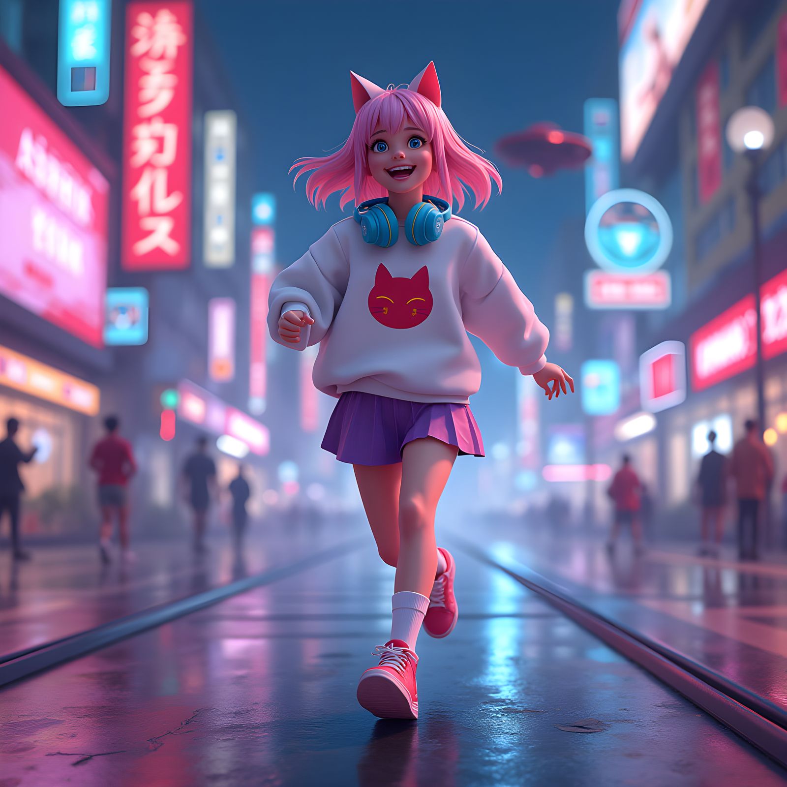 Joyful Woman Races Through Neon Cityscape