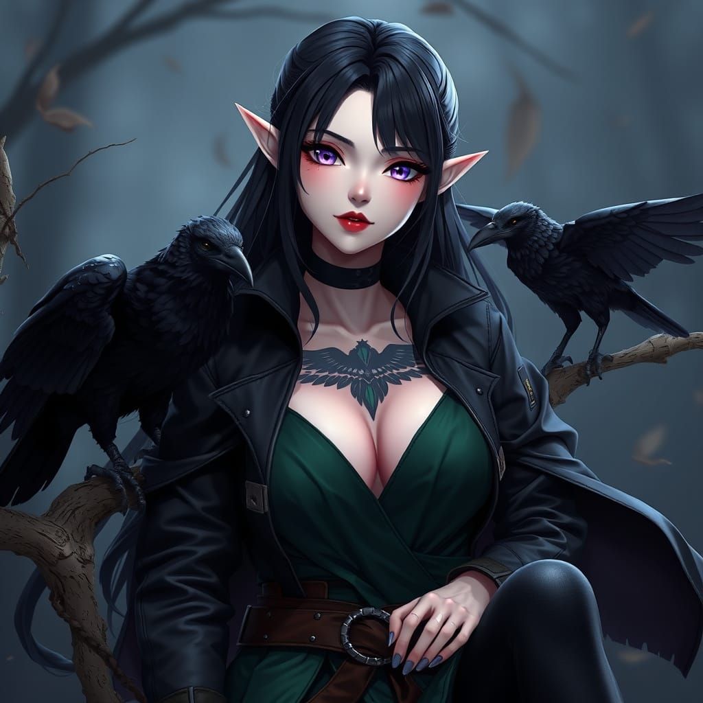 Ethereal Elf Maiden with Raven Tattoo in 3D Anime Art