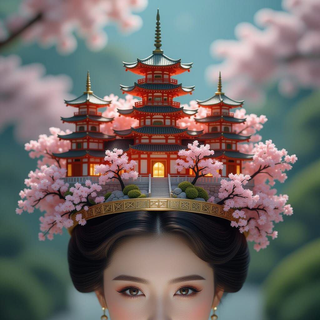 Japanese Crown as Miniature Village with Cherry Blossoms