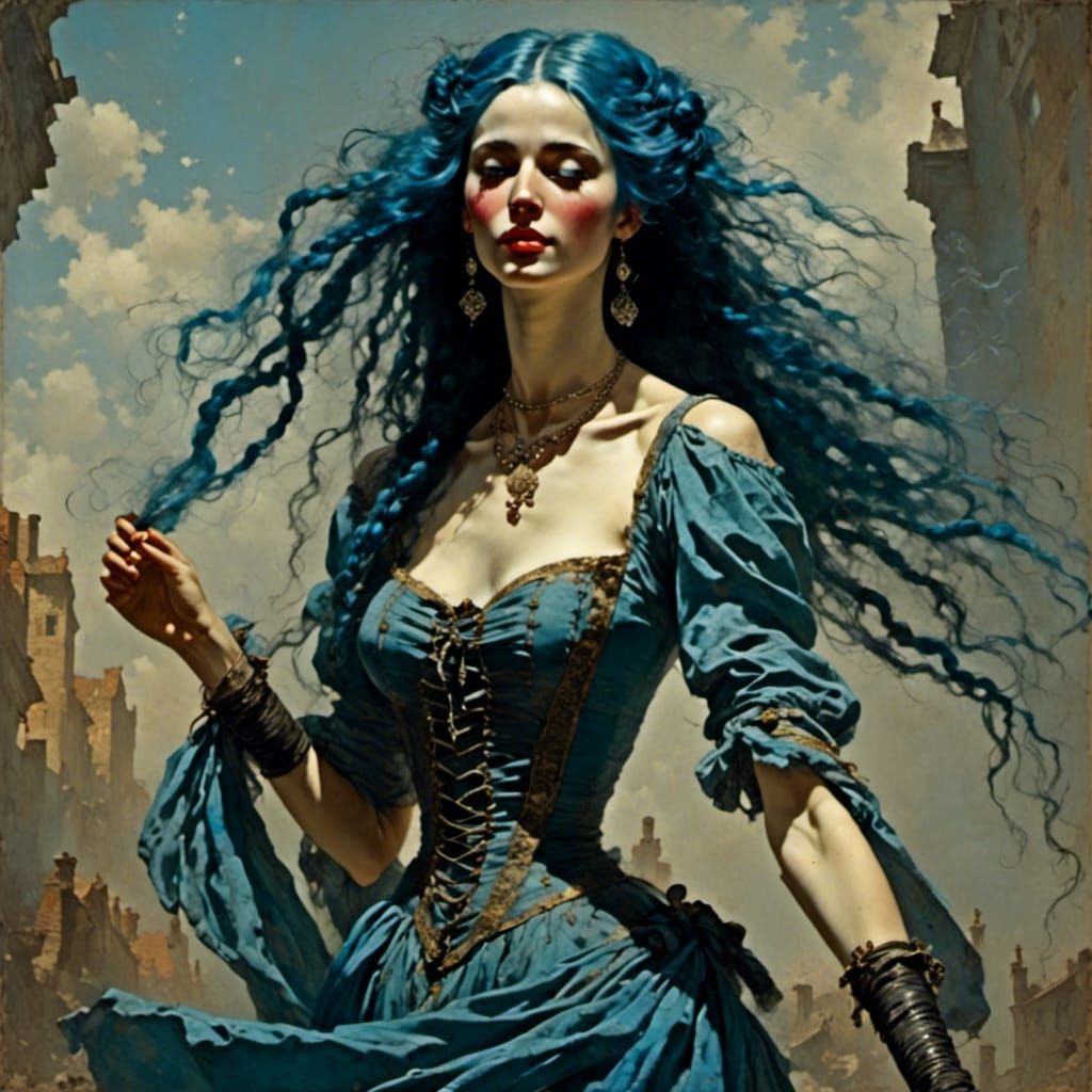 Beautiful Woman with Blue Hair in Paris Cafe