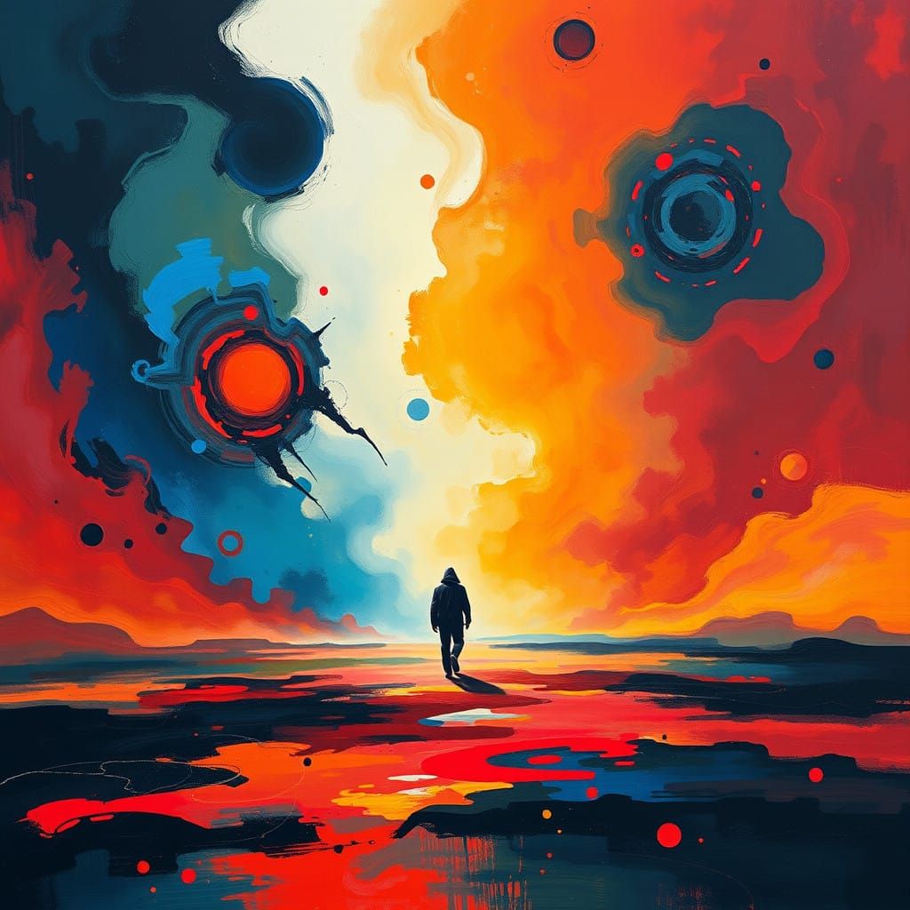 Man Embracing Abstract Surrealism in a Dreamlike Landscape