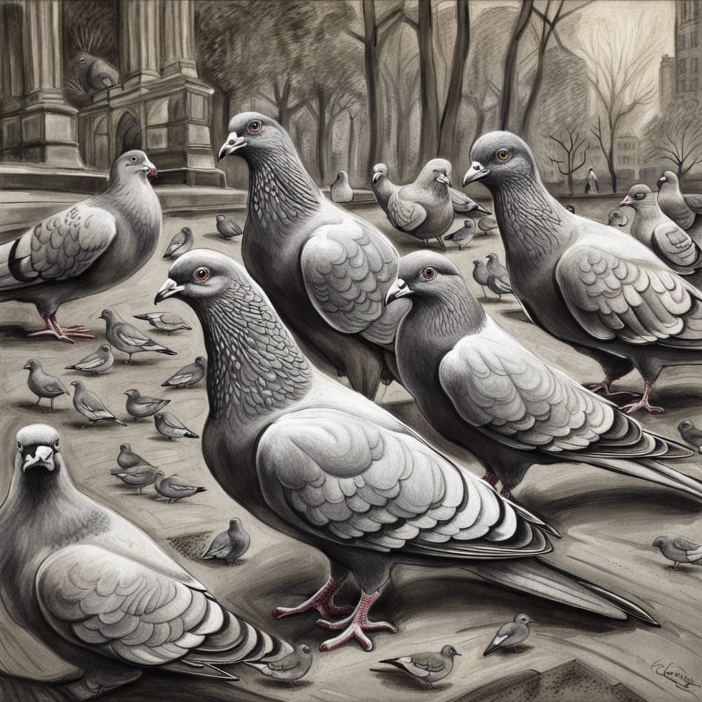 Pigeons in Central Park: Hyperdetailed Charcoal Drawing