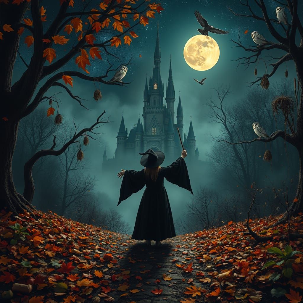 Spooky Autumn Castle Under Strawberry Moonlight