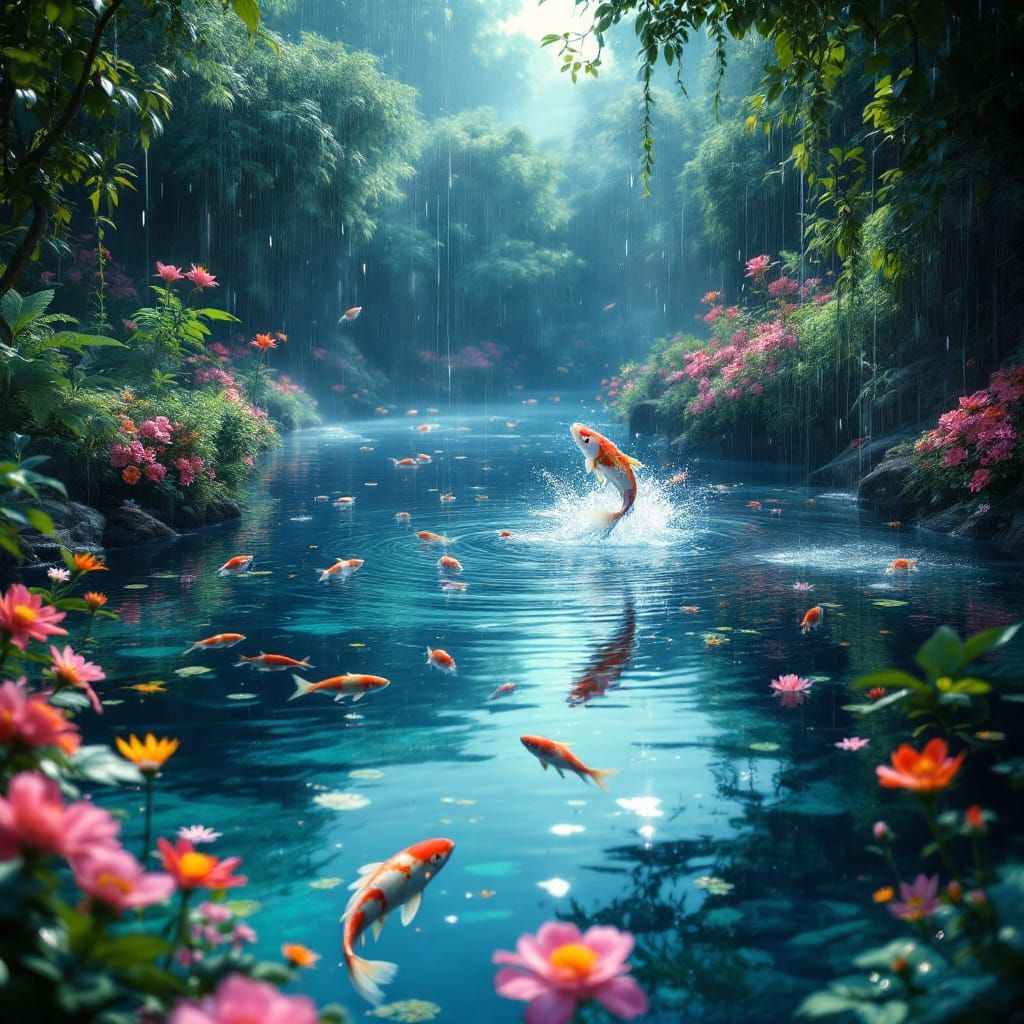 Majestic Fish Leap in Serene Fantasy Pond