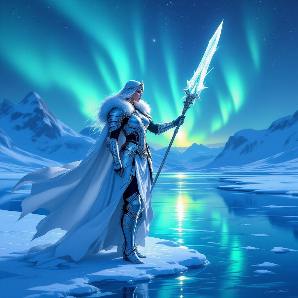 A fierce valkyrie stands on the shores of a glacial lake, he...