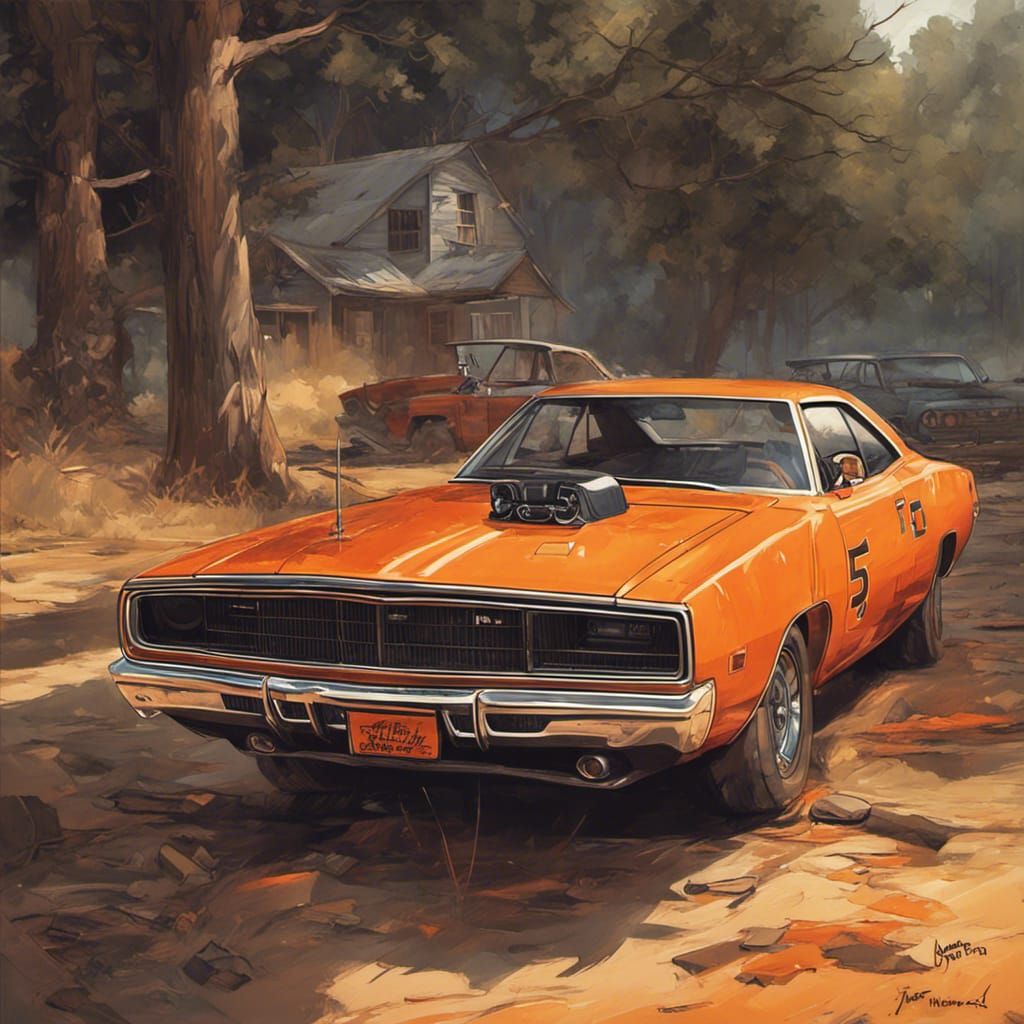 Orange Dodge Charger as Comic Book Art