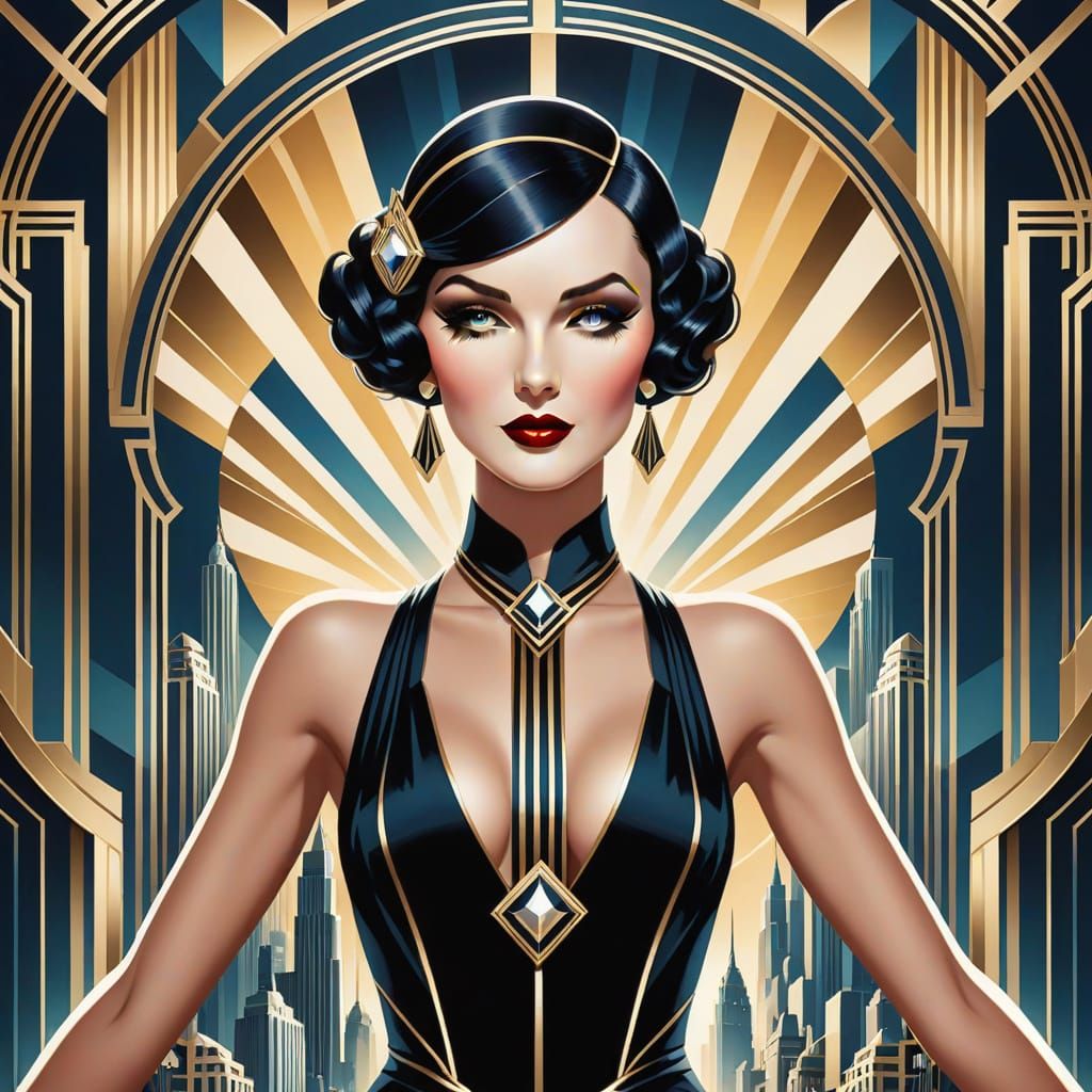 Art Deco Woman in Stylized Cityscape