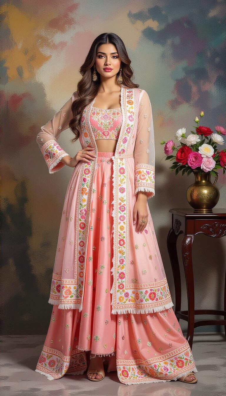 Pakistani Fusion Dress in Vibrant Gouache Style