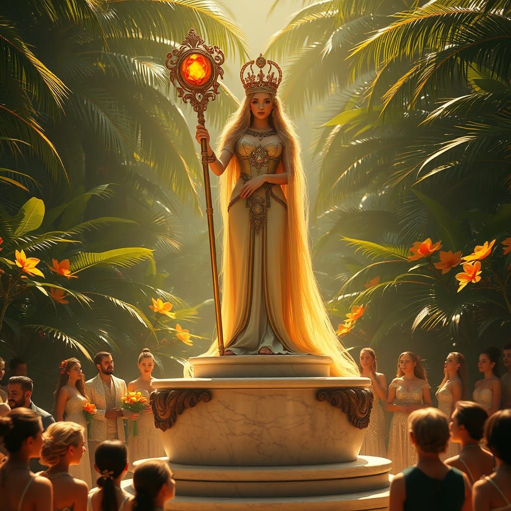 Golden Maiden in Tropical Oasis: Hyperrealistic Render