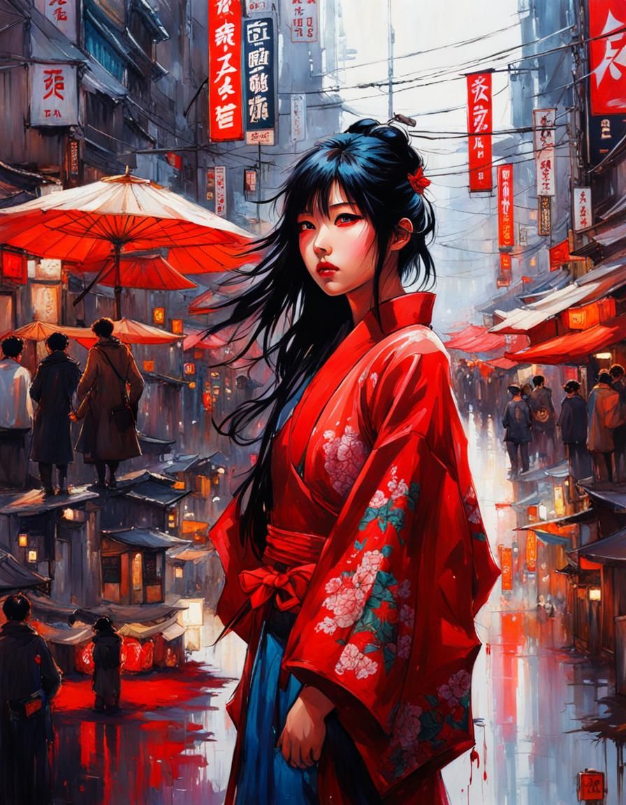 Japanese Girl in Tokyo Street: Splash Art Style