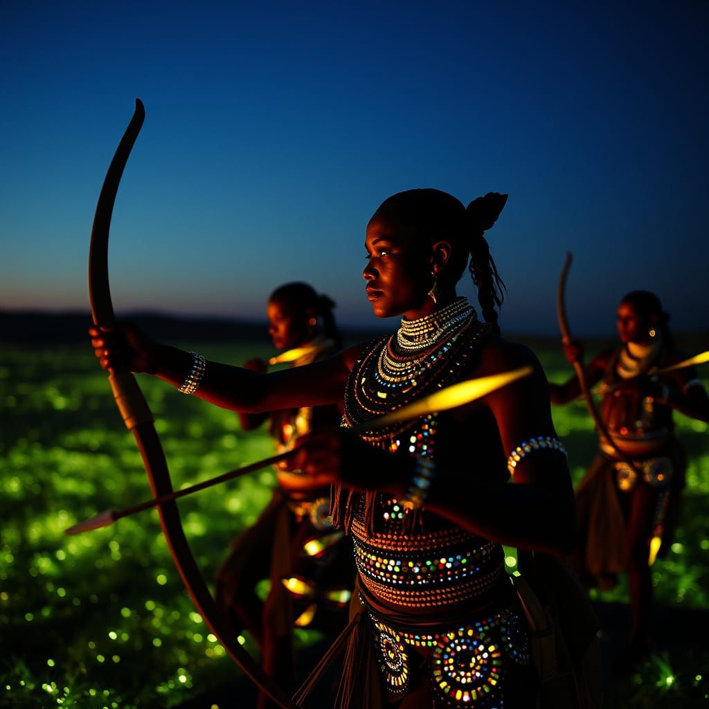 Futuristic Khoi-San Hunters Stalk Prey Under Glowing Marsh N...