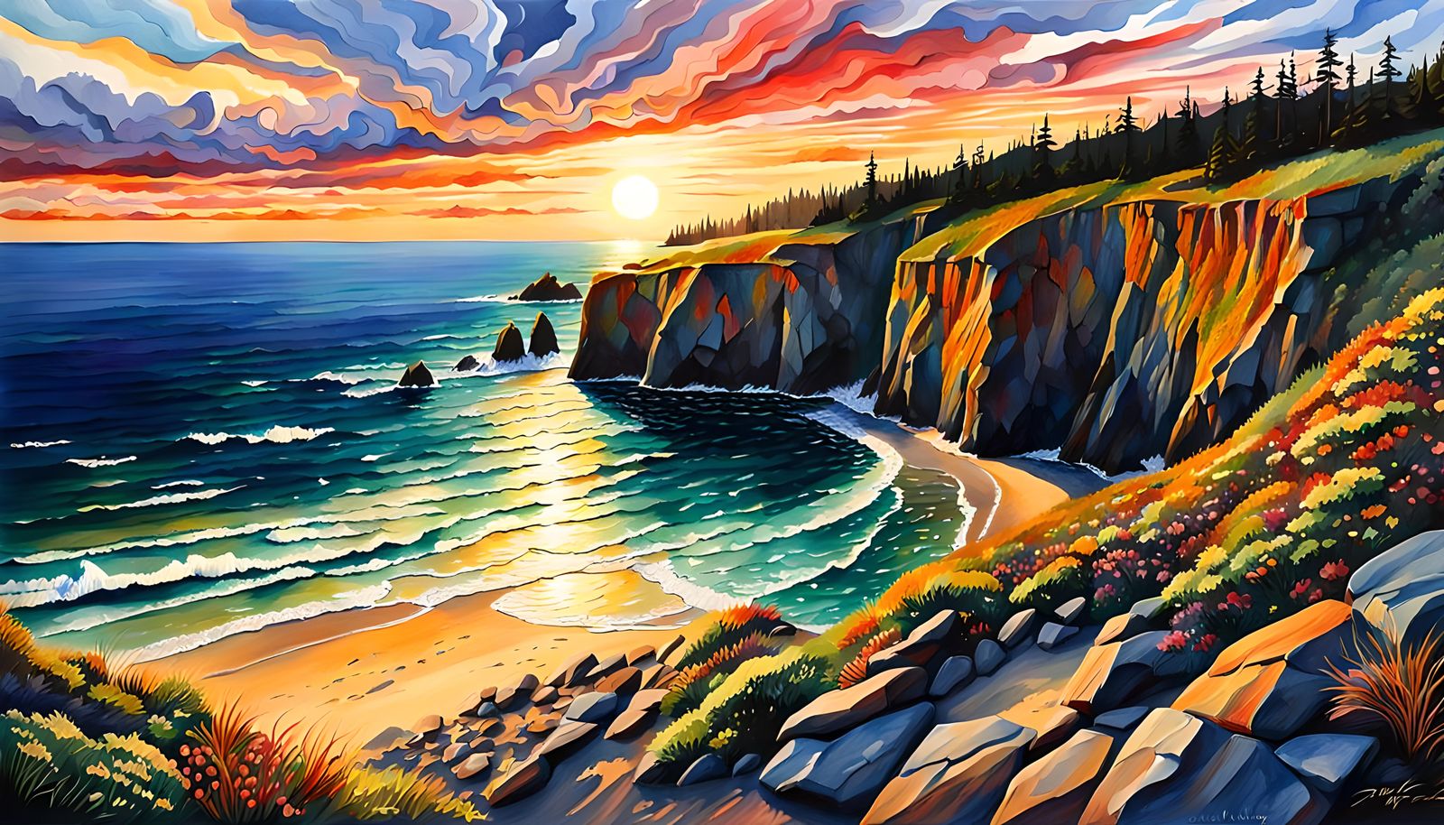 Pacific Northwest Sunset: Impasto Gouache Watercolour Painti...
