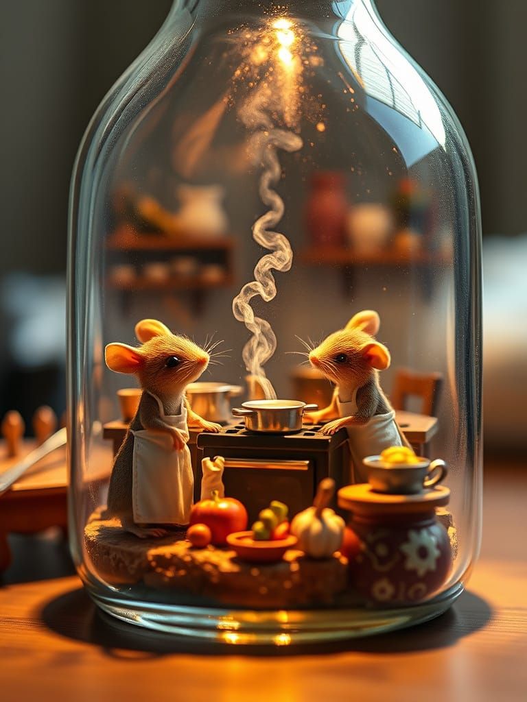 Mouse Chefs Prepare Feast Inside Glass Bottle