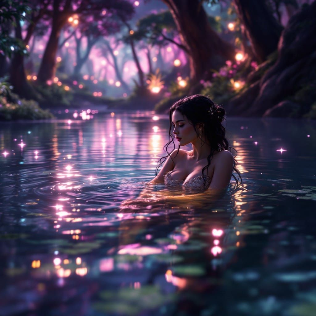 Luminescent Nymph in Fantasy Forest Lake