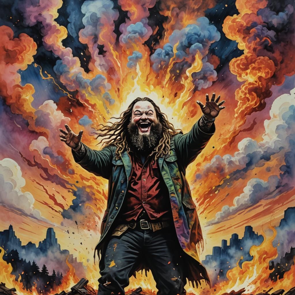 Epic Superhero in a Wasteland Sunset, Gouache Style