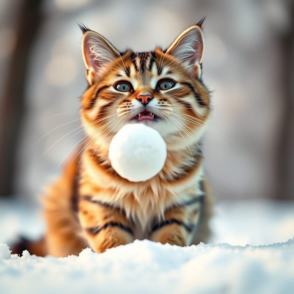 Whimsical Cat Launches Delicate Snowball in Winter Wonderlan...