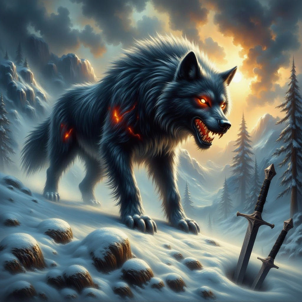 Mythic Wolf God on Battlefield: Oil Painting