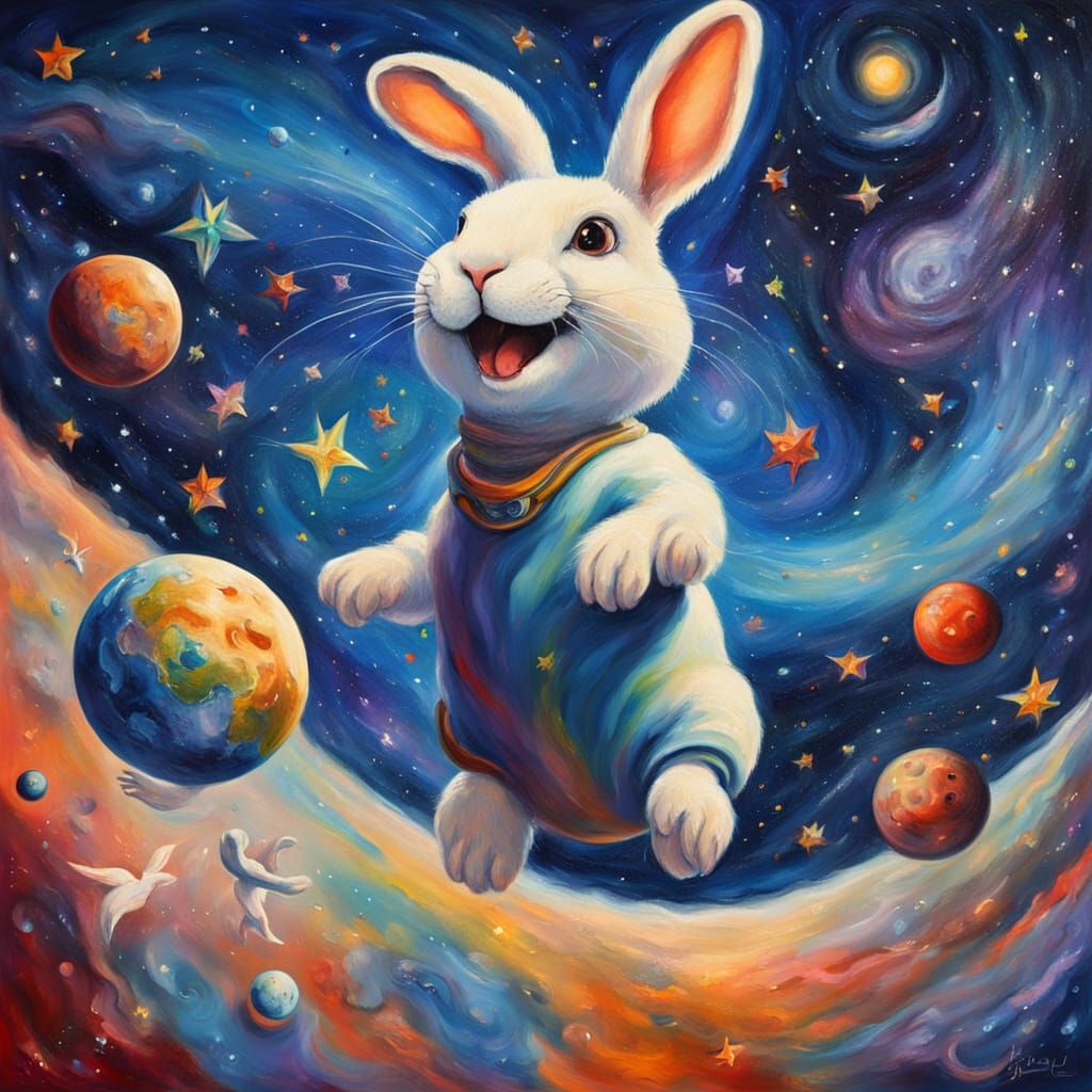 Laughing Bunny in Outer Space: A Surreal Oil Painting