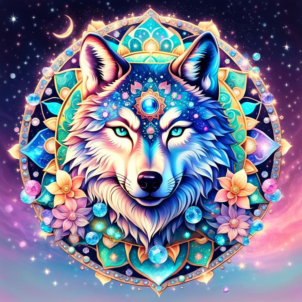 Mystical Wolf in Pastel Mandalas with Yin Yang Amulet
