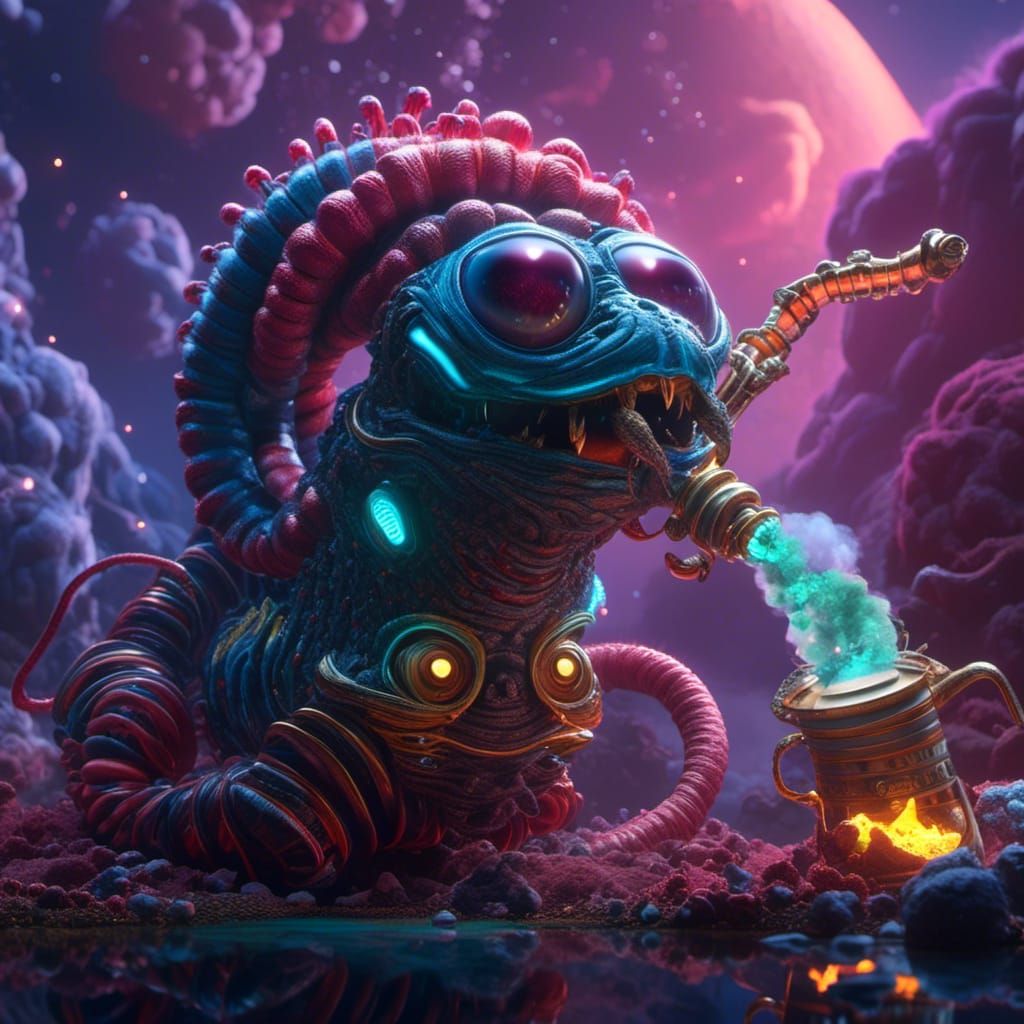 Trippy Hookah-Smoking Worm in Detailed Matte Painting