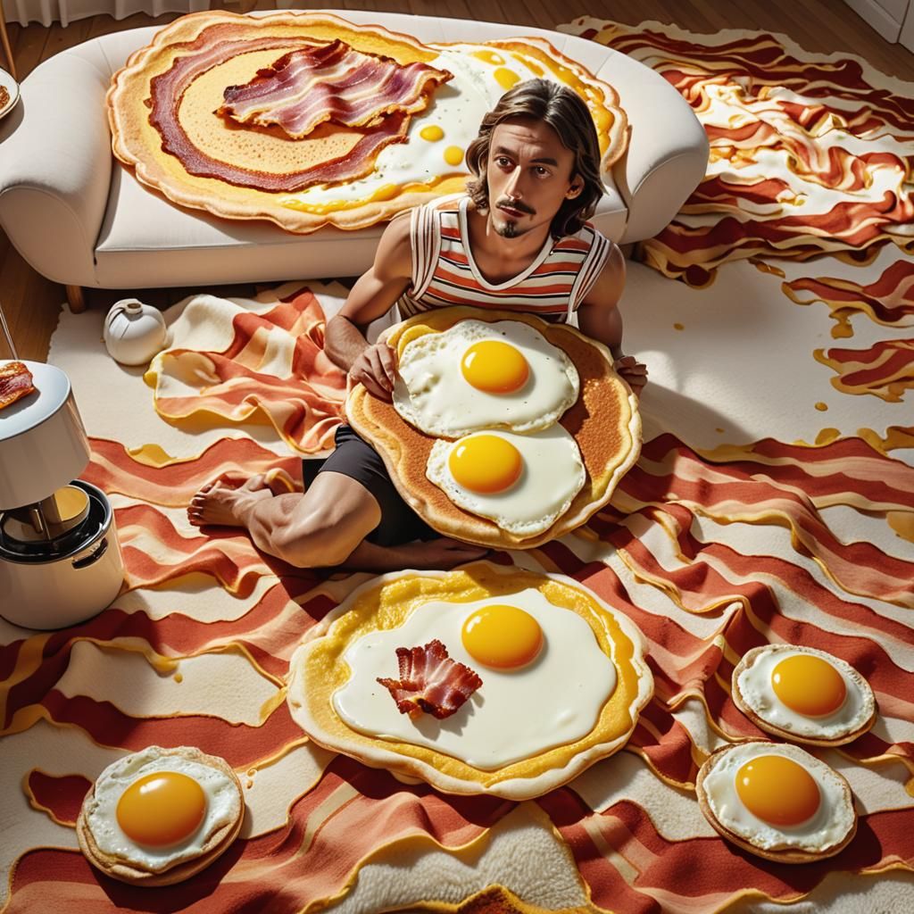 Surreal Breakfast Scene with Bacon Pillows